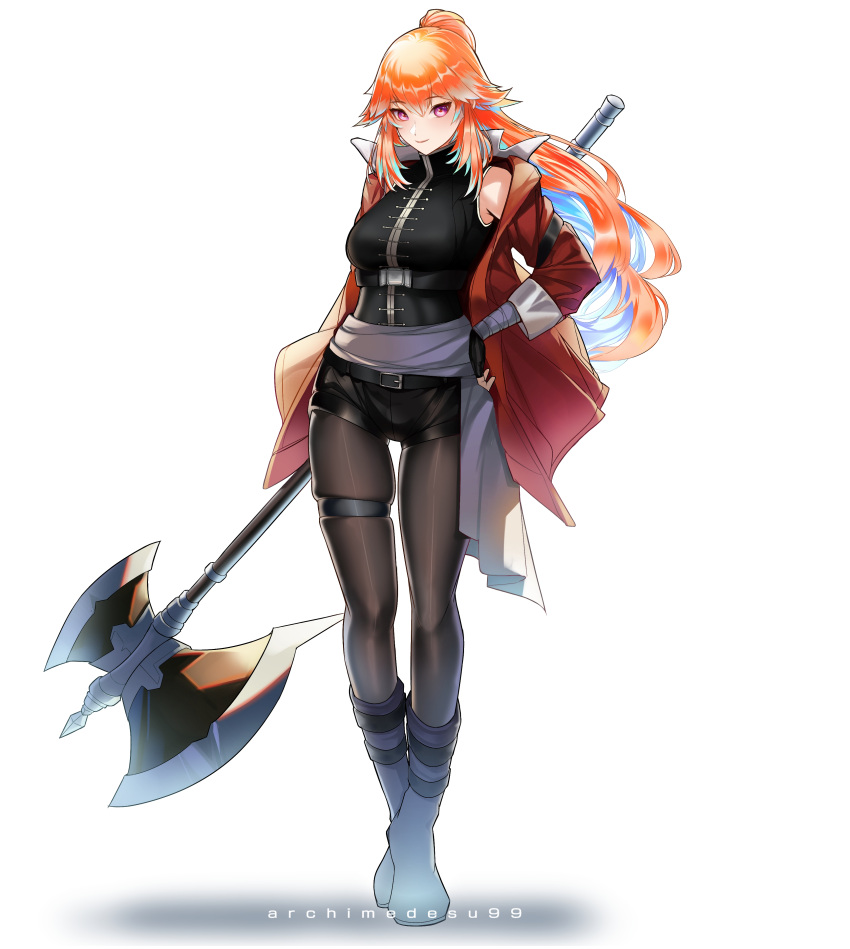 1girl absurdres alternate_costume archimedesu99 artist_name axe battle_axe cosplay full_body highres hololive hololive_english jacket long_hair looking_at_viewer open_clothes open_jacket orange_hair purple_eyes simple_background solo sousou_no_frieren stark_(sousou_no_frieren) stark_(sousou_no_frieren)_(cosplay) takanashi_kiara virtual_youtuber weapon white_background