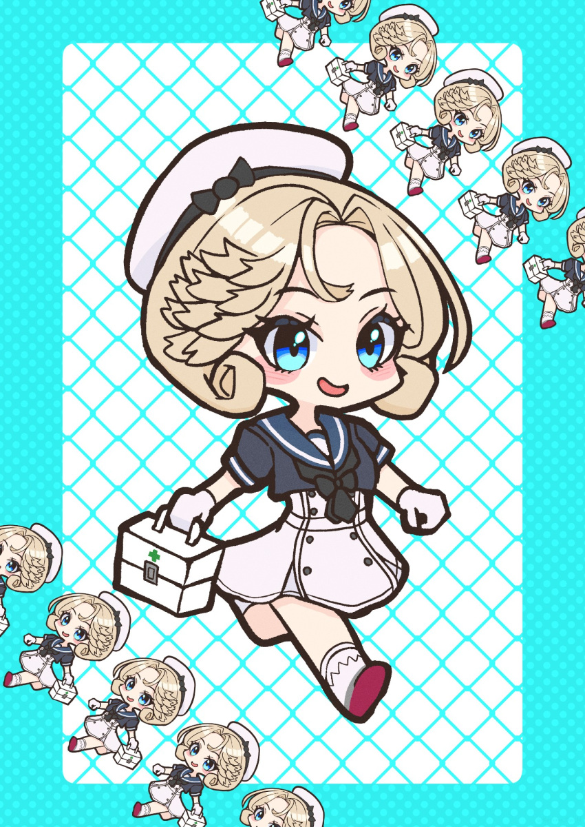 1girl aqua_background black_jacket black_neckerchief blonde_hair blue_eyes blue_sailor_collar chibi daichi_(daiti1318) dress gloves hat highres jacket janus_(kancolle) kantai_collection lunchbox multiple_views neckerchief parted_bangs sailor_collar sailor_dress sailor_hat short_hair short_sleeves two-tone_background walking white_dress white_gloves white_headwear