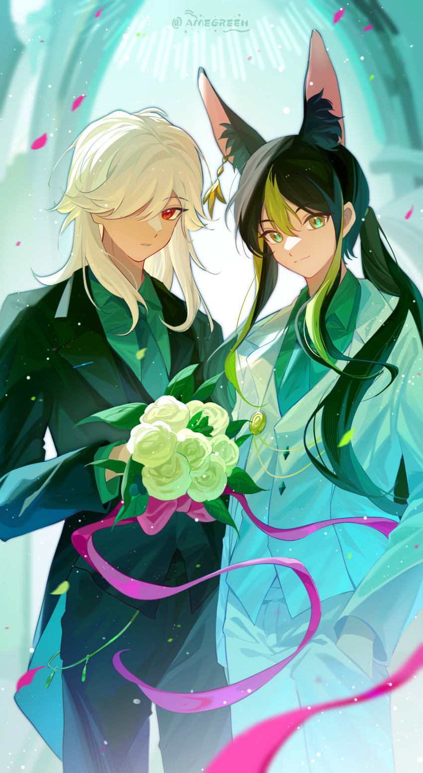 2boys absurdres alternate_hairstyle animal_ear_fluff animal_ears black_hair black_jacket black_pants black_suit closed_mouth cyno_(genshin_impact) dark-skinned_male dark_skin earrings flower fox_ears genshin_impact green_eyes green_hair green_necktie hair_between_eyes hair_over_one_eye highres jacket jewelry long_hair looking_at_viewer male_focus multicolored_hair multiple_boys necktie pants red_eyes rose short_hair streaked_hair suit suzushi tighnari_(genshin_impact) vest white_flower white_hair white_jacket white_pants white_rose white_suit white_vest