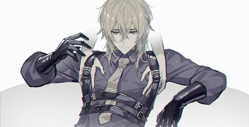 1boy absurdres alkaid_mcgrath arm_rest black_gloves blonde_hair blue_shirt chest_harness closed_mouth collared_shirt crossed_bangs disembodied_limb gloves grabbing green_eyes hair_between_eyes hand_up hands_on_another's_chest harness highres kazenemuri light_smile long_sleeves lovebrush_chronicles male_focus medium_hair necktie pectoral_grab shirt solo upper_body white_background yellow_necktie