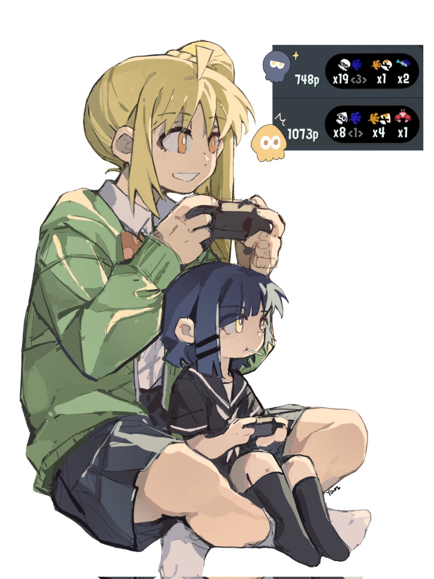 2girls aged_down ahoge black_sailor_collar black_serafuku black_shirt black_skirt black_socks blonde_hair blue_hair bocchi_the_rock! bright_pupils candy collared_shirt commentary controller corrupted_twitter_file english_commentary food food_in_mouth game_controller green_jacket grin hair_ornament hairclip highres holding holding_controller holding_game_controller ijichi_nijika jacket lollipop long_hair multiple_girls open_mouth orange_eyes sailor_collar school_uniform serafuku shirt side_ponytail simple_background skirt smile socks splatoon_(series) white_background white_pupils white_shirt yamada_ryo yanlingjinshilihuahua yellow_eyes