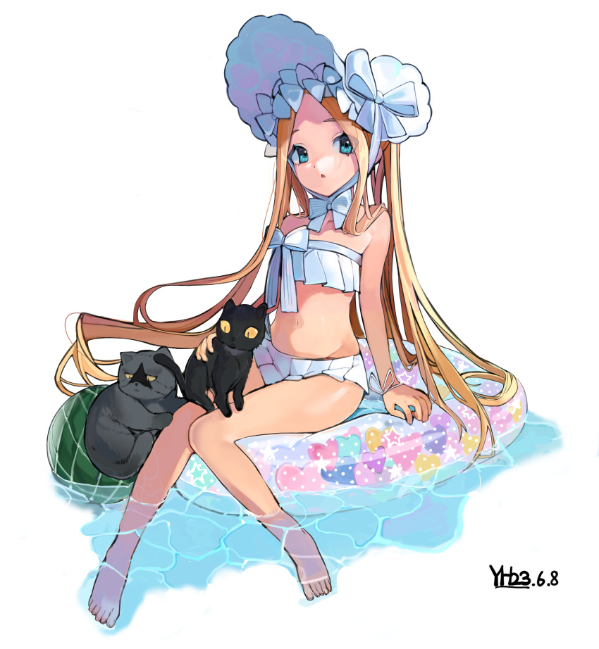 1girl :o abigail_williams_(fate) abigail_williams_(swimsuit_foreigner)_(fate) absurdres afloat bare_arms bare_legs barefoot bikini black_cat blonde_hair bonnet bow bow_bikini bowtie cat caustics chinese_commentary dated fate/grand_order fate_(series) forehead full_body hat hat_bow highres innertube legs long_hair looking_at_viewer navel parted_bangs parted_lips signature simple_background sitting soaking_feet solo swim_ring swimsuit toes water white_background white_bikini white_bow white_bowtie white_headwear yuhezi