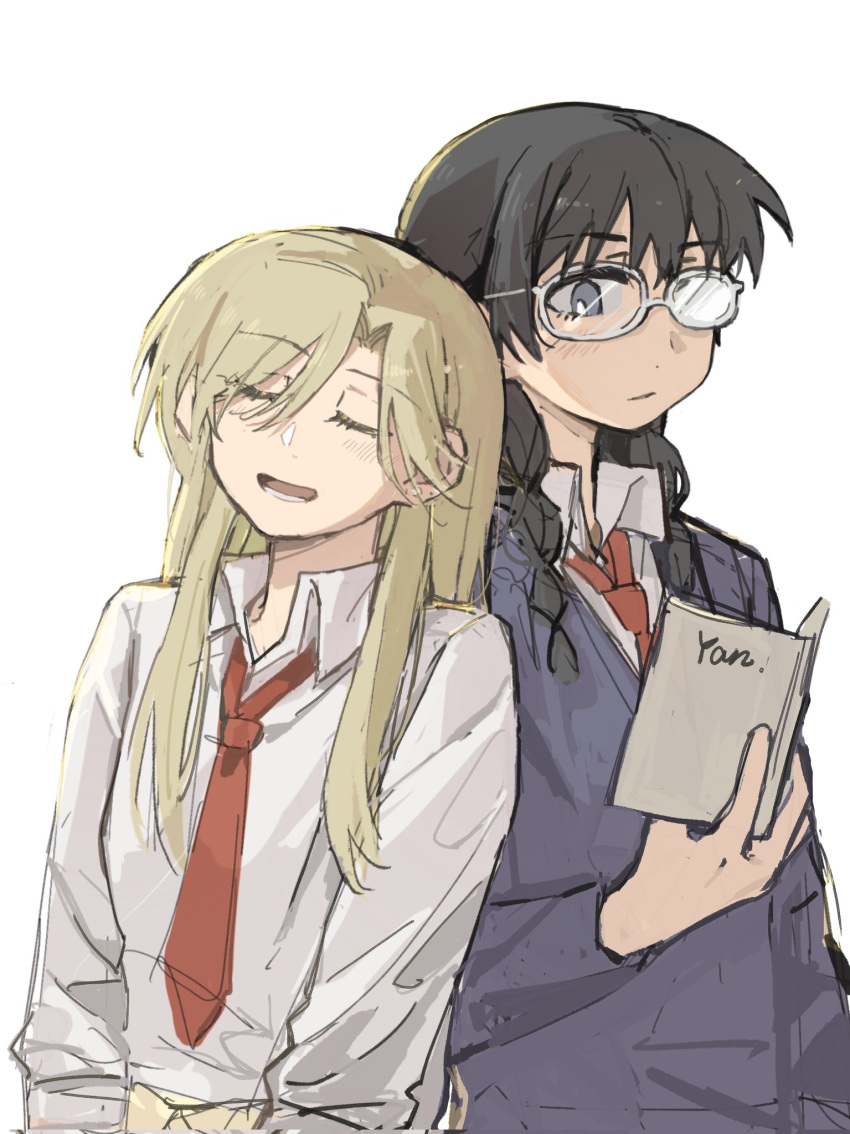 2girls black_hair blonde_hair blush book braid chinese_commentary closed_eyes collared_shirt commentary_request glasses grey_eyes highres holding holding_book kurume_makoto long_hair long_sleeves multiple_girls murashige_yuzuki necktie parted_lips purple_sweater red_necktie shirt simple_background skip_to_loafer sweater twin_braids upper_body white_background white_shirt yanlingjinshilihuahua