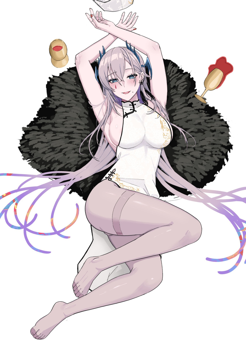 1girl absurdres areola_slip armpits arms_up blue_eyes breasts china_dress chinese_clothes commentary crossed_bangs cup dress drinking_glass english_commentary feet from_above full_body grey_hair hair_between_eyes hair_ornament highres indie_virtual_youtuber kuon_bb large_breasts legs long_hair looking_at_viewer lying mole mole_under_mouth no_shoes on_back open_mouth pantyhose pelvic_curtain pochimaru_(vtuber) purple_hair purple_pantyhose see-through see-through_legwear sideboob simple_background slit_pupils solo spill thighband_pantyhose thighs toenails toes very_long_hair white_background white_dress wine_glass