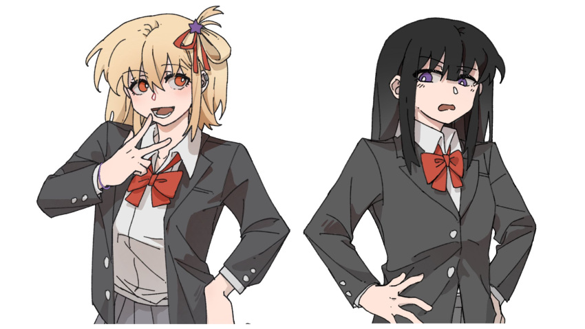 2girls annoyed black_hair black_jacket blonde_hair bright_pupils chinese_commentary collared_shirt commentary_request grey_skirt hair_ribbon hands_on_own_hips highres inoue_takina jacket long_hair long_sleeves looking_at_another lycoris_recoil medium_hair multiple_girls nishikigi_chisato one_side_up open_clothes open_jacket open_mouth orange_eyes pleated_skirt purple_eyes red_ribbon ribbon school_uniform shirt simple_background skirt smile upper_body v white_background white_pupils white_shirt yanlingjinshilihuahua