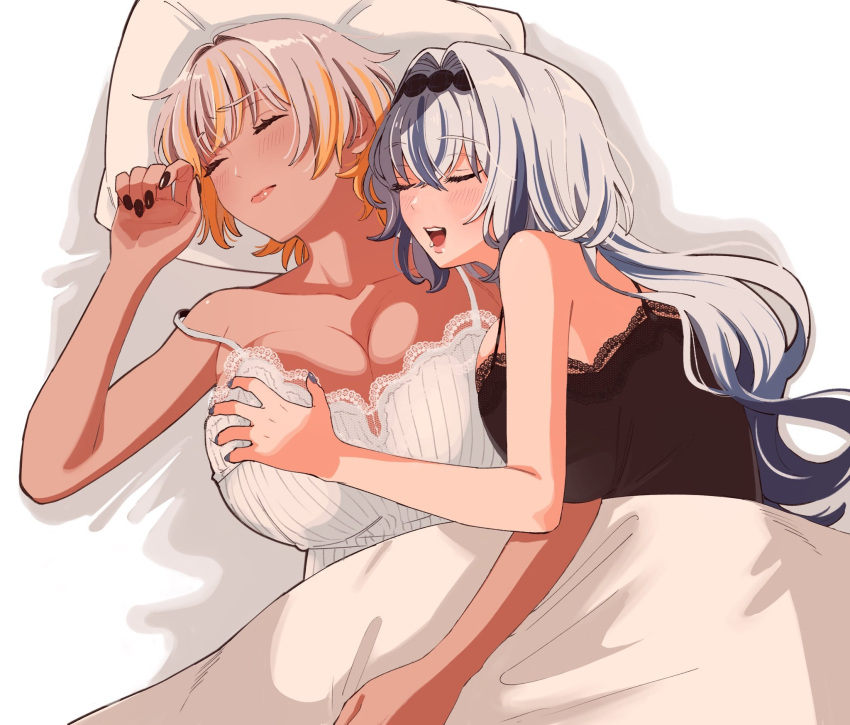 2girls black_nails black_negligee blonde_hair blush breasts closed_eyes closed_mouth collarbone grabbing grabbing_another's_breast grey_hair grey_nails hair_intakes hair_ornament highres large_breasts long_hair luvdia multicolored_hair multiple_girls negligee open_mouth osg_pk park_dona pillow second-party_source short_hair sleeping strap_slip streaked_hair tan under_covers virtual_youtuber vlyz white_negligee yun_eze yuri