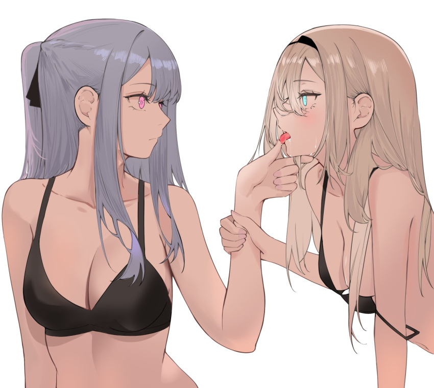 2girls ak-12_(girls'_frontline) an-94_(girls'_frontline) aqua_eyes black_bra black_hairband black_ribbon blonde_hair bra breasts cleavage eye_contact girls'_frontline grabbing_another's_hand grey_hair hair_ribbon hairband hand_on_another's_chin highres long_hair looking_at_another medium_breasts multiple_girls pink_eyes ribbon saliva talnory tongue tongue_out underwear underwear_only upper_body yuri