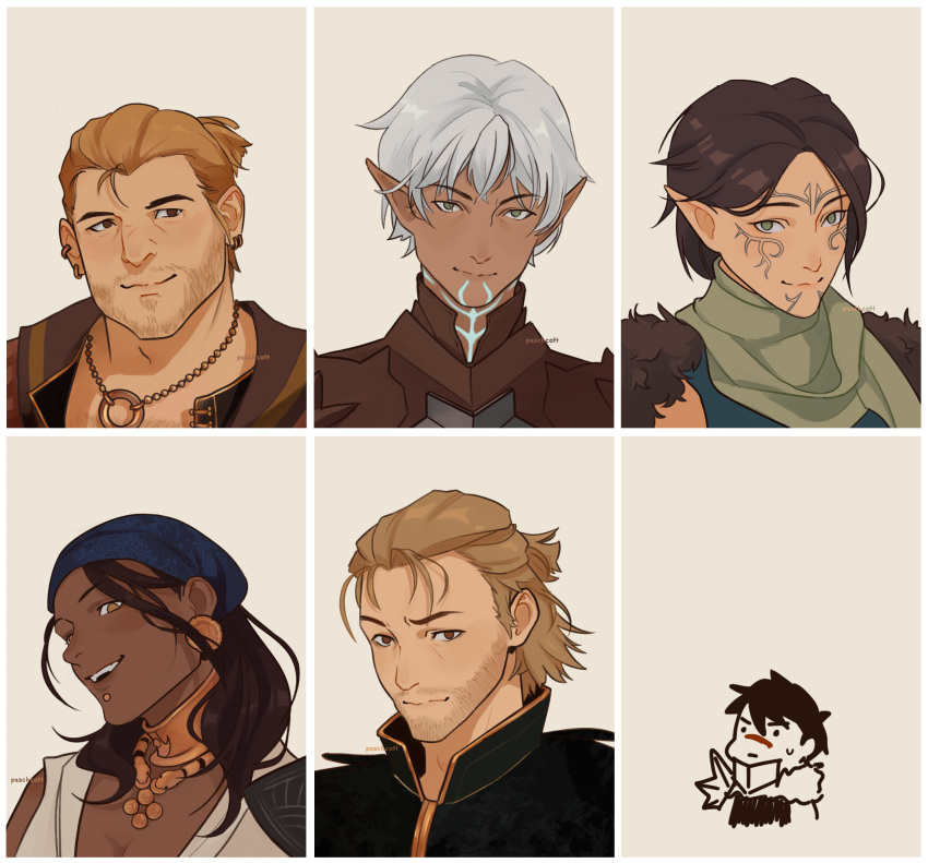 1other 2girls 3boys anders_(dragon_age) bandana beard_stubble black_hair blonde_hair blue_bandana brown_eyes chibi chibi_inset chin_piercing dark-skinned_female dark-skinned_male dark_skin dragon_age dragon_age_2 dwarf ear_piercing earrings elf facial_hair facial_mark facial_tattoo fenris_(dragon_age_2) green_eyes hawke_(dragon_age_2) highres isabela_(dragon_age) jewelry looking_at_viewer merrill_(dragon_age_2) multiple_boys multiple_girls neck_tattoo necklace peachcott piercing pointy_ears portrait short_hair short_ponytail simple_background smile stubble sweatdrop tattoo varric_tethras white_hair yellow_background