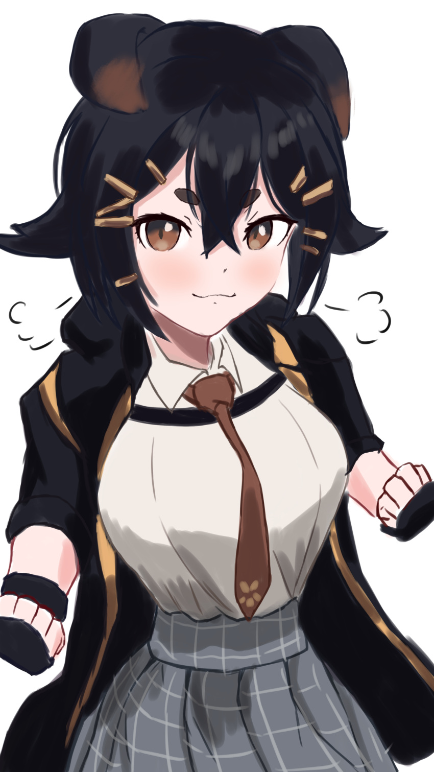 1girl :3 absurdres animal_ears arknights black_gloves black_hair black_jacket blush breasts brown_eyes brown_necktie clenched_hands closed_mouth collared_shirt commentary_request dog_ears fingerless_gloves gloves grey_skirt hair_between_eyes hair_flaps hair_ornament hairclip highres jacket jackie_(arknights) ku_(ku75175918) looking_at_viewer medium_breasts necktie one-hour_drawing_challenge open_clothes open_jacket pleated_skirt shirt short_eyebrows short_sleeves simple_background skirt solo thick_eyebrows white_background white_shirt