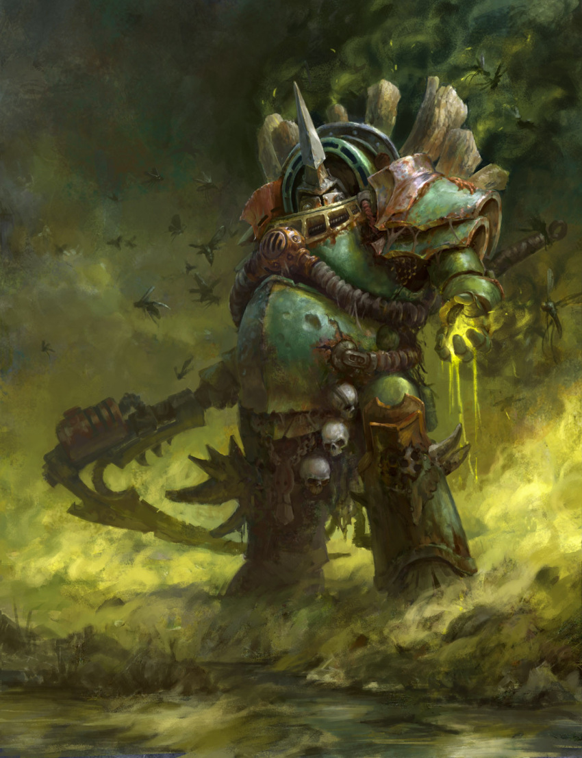 adeptus_astartes armor armored_boots boots breastplate bug chain chaos_(warhammer) chaos_space_marine commentary couter cuirass death_guard dusint english_commentary full_armor fumes gauntlets greaves green_armor highres holding holding_scythe holding_weapon lake leg_armor male_focus nurgle official_art outdoors pauldrons poleyn power_armor rerebrace rot_fly scythe shoulder_armor skull slime_(substance) solo spikes swarm typhus_(warhammer) warhammer_40k weapon