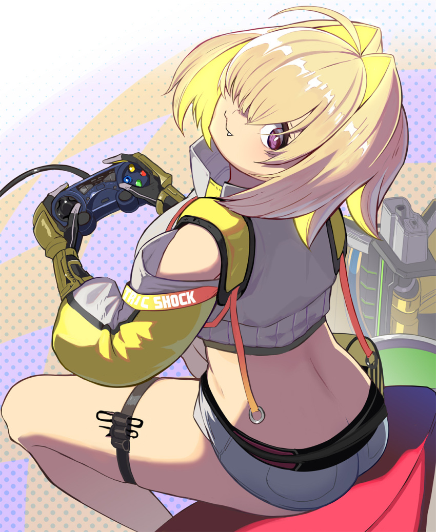 1girl :3 bfg_9000 black_sports_bra blonde_hair breasts butt_crack clothing_cutout controller crop_top crop_top_overhang cropped_sweater doom_(2005_movie) doom_(series) elegg_(nikke) exposed_pocket fang fanny_pack fingerless_gloves game_controller gloves goddess_of_victory:_nikke grey_shorts hair_intakes hair_over_one_eye highres holding holding_controller holding_game_controller large_breasts long_bangs looking_back multicolored_clothes multicolored_gloves multicolored_hair playing_games polka_dot polka_dot_background projected_inset purple_eyes shorts shoulder_cutout sitting solo sports_bra suspender_shorts suspenders syope thigh_strap two-tone_hair