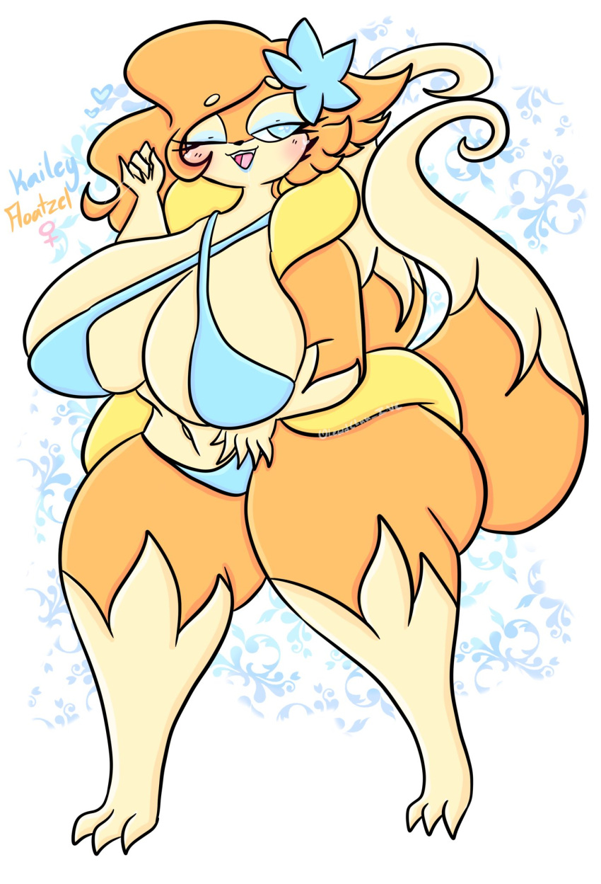 2_tails 3_toes 5_fingers anthro big_breasts bikini bikini_bottom bikini_thong blue_eyes breasts clothing feet female fingers floatzel generation_4_pokemon hair hi_res lewdchuu_(artist) multi_tail nintendo one_eye_closed orange_body orange_hair pokemon pokemon_(species) solo swimwear tail toes