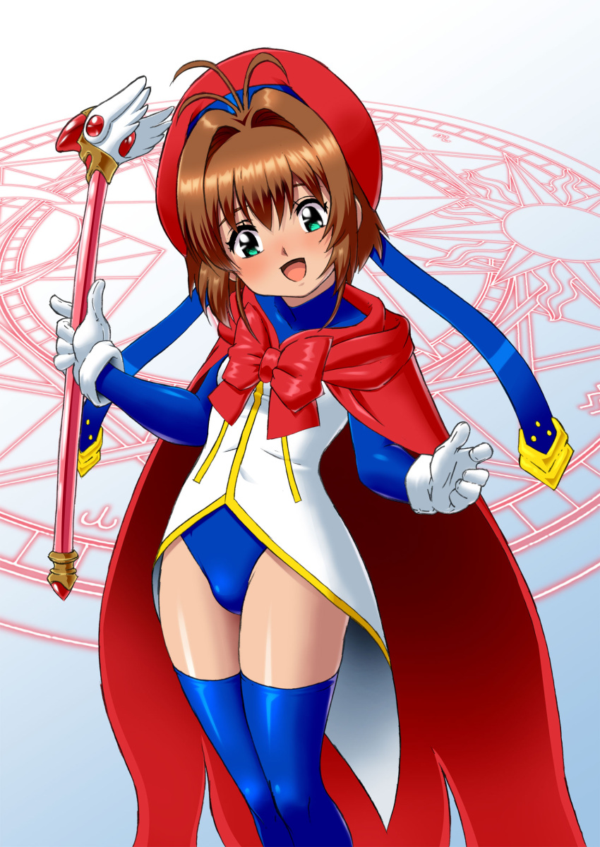 1girl beret blue_leotard blue_thighhighs bow brown_eyes cape cardcaptor_sakura daikinbakuju feet_out_of_frame fuuin_no_tsue gloves green_eyes hair_intakes hat highres holding holding_wand kinomoto_sakura leotard magic_circle red_bow red_cape red_headwear short_hair smile solo thighhighs wand white_gloves