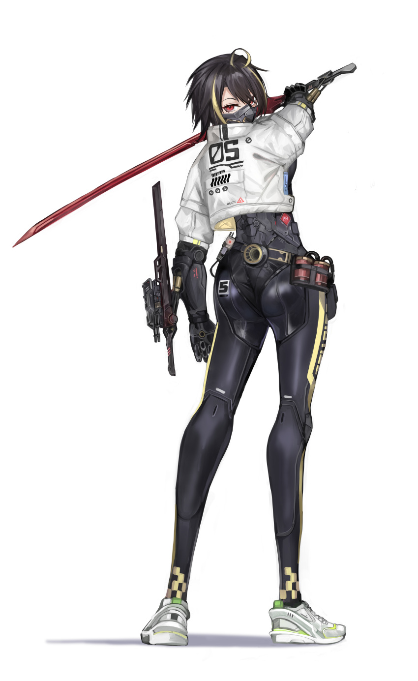 1girl absurdres ahoge aokuma_(yuuran_create) ass belt black_hair blonde_hair cropped_jacket cyberpunk cyborg full_body highres holding holding_sword holding_weapon looking_at_viewer mask mouth_mask multicolored_hair original prosthesis prosthetic_arm red_eyes science_fiction shadow shoes short_hair sneakers solo streaked_hair sword two-tone_hair very_short_hair weapon white_background