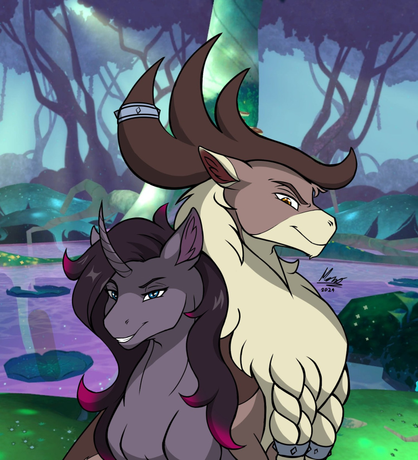 2024 antlers black_hair blue_eyes brown_antlers brown_body brown_eyes brown_fur deer detailed_background digital_media_(artwork) duo equid equine female feral fur grey_body grey_fur grin hair hi_res horn inner_ear_fluff larger_male male mammal monolith_skyline multicolored_body multicolored_fur mythological_creature mythological_equine mythology new_world_deer oleander_(tfh) reindeer signature size_difference smile stronghoof_hoofstrong_(tfh) tan_body tan_fur them's_fightin'_herds tuft two_tone_body two_tone_fur unicorn