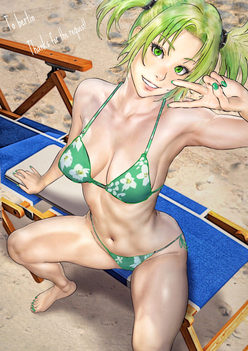 1girl absurdres b_0_rukia barefoot beach beach_chair bikini breasts commission droite_(tales) feet flower_bikini foot_out_of_frame green_bikini green_eyes green_hair green_nails hair_rings highres legs medium_breasts nail_polish sand short_hair signature smile solo swimsuit tales_of_(series) tales_of_vesperia toenail_polish toenails toes twintails v