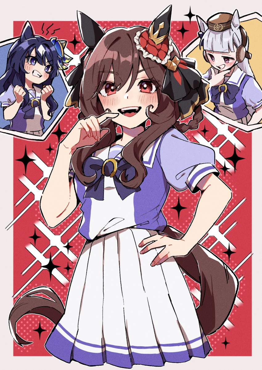 3girls animal_ears blue_eyes blue_hair blunt_bangs bow bowtie breasts brown_hair ear_covers gentildonna_(umamusume) gold_ship_(umamusume) grey_hair hair_between_eyes hair_ornament hair_rings hat highres horse_ears horse_girl horse_tail large_breasts long_hair looking_at_viewer medium_hair multiple_girls oage_(su4i7ri_u) pillbox_hat purple_eyes red_eyes school_uniform smile tail tracen_school_uniform umamusume verxina_(umamusume)