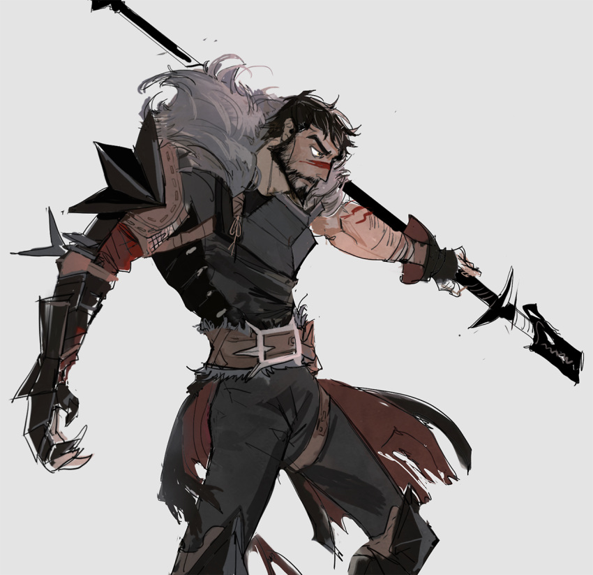 1boy arm_hair arm_tattoo armor beard black_hair cowboy_shot dragon_age dragon_age_2 facial_hair facial_mark full_beard fur-trimmed_armor fur_trim garrett_hawke grey_background highres holding holding_staff male_focus pepepegle short_hair simple_background solo staff tattoo