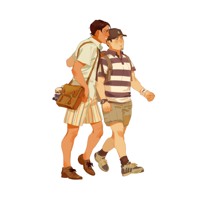 2boys backpack bag baseball_cap brown_bag brown_footwear brown_hair brown_headwear brown_shorts brown_socks character_doll chengongzi123 collared_shirt contemporary dark-skinned_male dark_skin facial_hair full_body goatee_stubble golden_kamuy green_eyes hand_on_another's_shoulder hand_up hat highres koito_otonoshin long_hair looking_to_the_side male_focus multiple_boys open_mouth satchel shirt shoes short_hair short_sleeves shorts simple_background sneakers socks striped_clothes striped_shirt striped_shorts stubble tsukishima_hajime tsurumi_tokushirou very_long_hair walking watch white_background wristwatch
