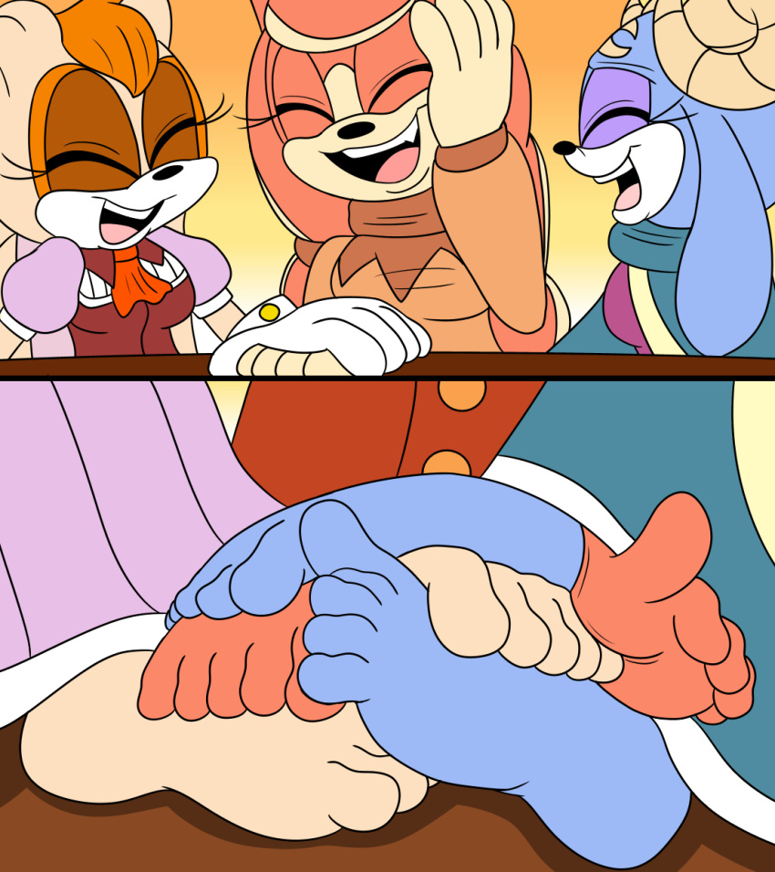 ariem_(sonic) barefoot big_feet bovid canid canine caprine comic conductor's_wife_(sonic) feet female female/female foot_fetish foot_focus foot_play foot_rub footsie furniture group group_sex happy hi_res intimate lagomorph laugh leporid mammal massage mature_female mepwep rabbit rubbing sega sex sheep soles sonic_the_hedgehog_(series) table the_murder_of_sonic_the_hedgehog threesome toes trio vanilla_the_rabbit