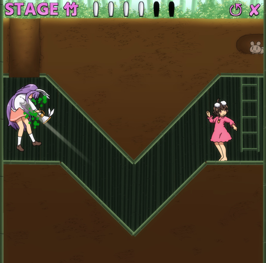 2girls ahoge animal_ears bamboo bamboo_forest barefoot brown_footwear brown_hair carrot_necklace closed_mouth commentary_request dress fake_ad forest full_body gameplay_mechanics inaba_mob_(touhou) inaba_tewi jewelry ladder loafers long_hair long_sleeves lunatic_gun medium_bangs multiple_girls nature necklace parody pink_dress pink_skirt purple_hair rabbit rabbit_ears rabbit_girl red_eyes reisen_udongein_inaba shirosato shirt shoes short_hair skirt smile socks touhou underground very_long_hair white_shirt white_socks