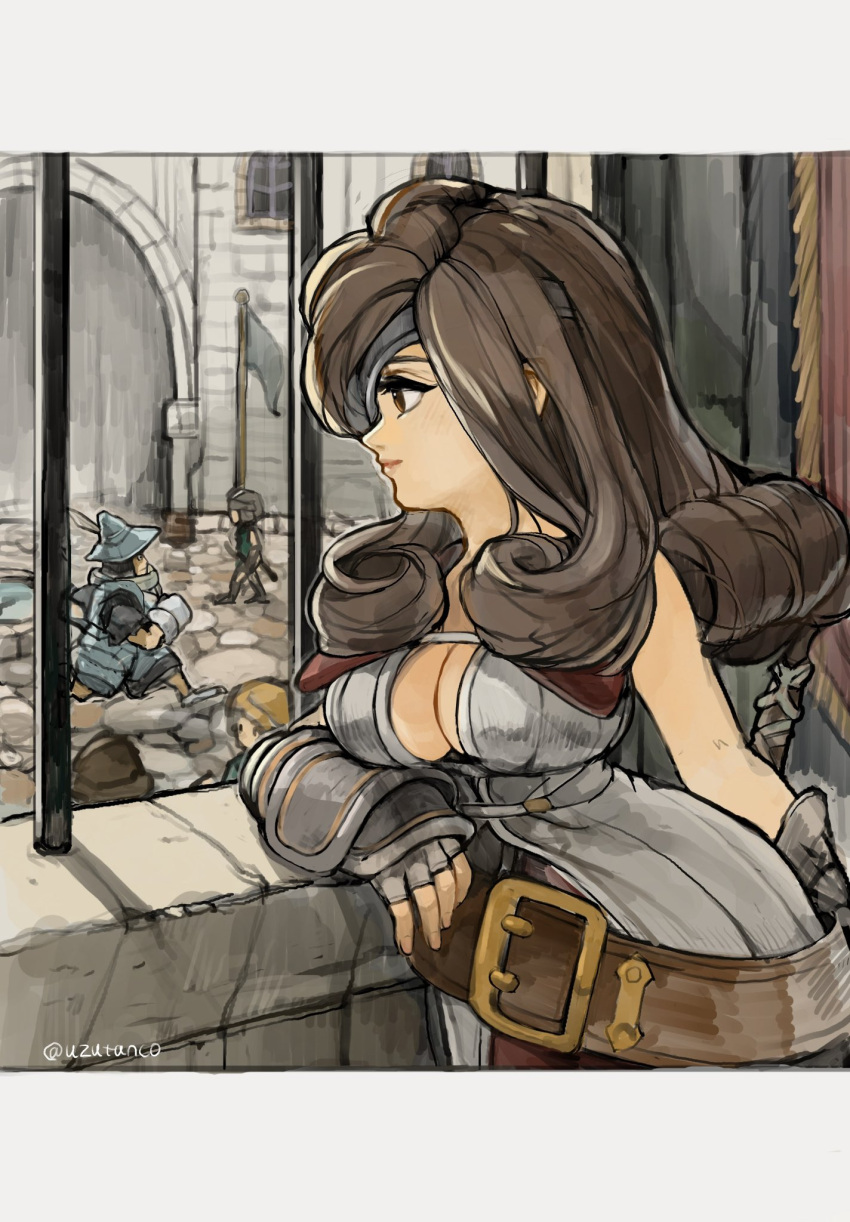 1boy 1girl 2others adelbert_steiner arch arm_armor armor beatrix_(ff9) black_eyes breastplate breasts brown_eyes brown_hair castle center_opening chest_strap cleavage commentary cuirass curly_hair dress elbow_rest eyepatch facing_to_the_side faulds final_fantasy final_fantasy_ix fingerless_gloves flag from_side full_armor gauntlets gloves grey_dress hat_feather highres leaning leather_belt light_smile long_hair looking_at_another morion multiple_others oversized_belt running sabaton serious sleeveless sleeveless_dress sleeveless_duster solo_focus stone_floor stone_wall tapestry uzutanco vambraces water window