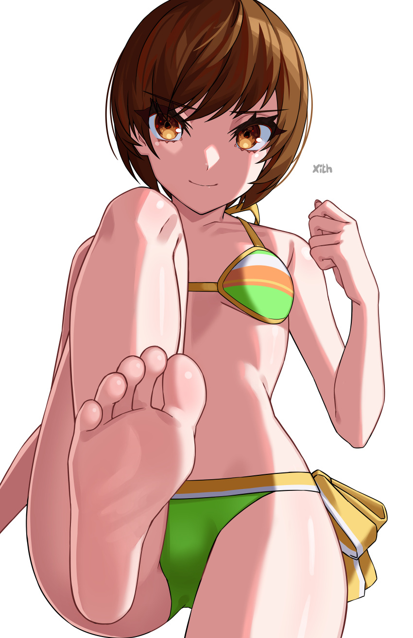 1girl absurdres adapted_costume artist_name barefoot bikini breasts brown_eyes brown_hair closed_mouth commentary english_commentary eyelashes feet foot_focus foot_out_of_frame foot_up green_bikini hand_up highres knee_up looking_at_viewer medium_breasts multicolored_bikini multicolored_clothes paid_reward_available persona persona_4 satonaka_chie shadow short_hair simple_background smile soles solo swept_bangs swimsuit thighs toes white_background x_xith_x