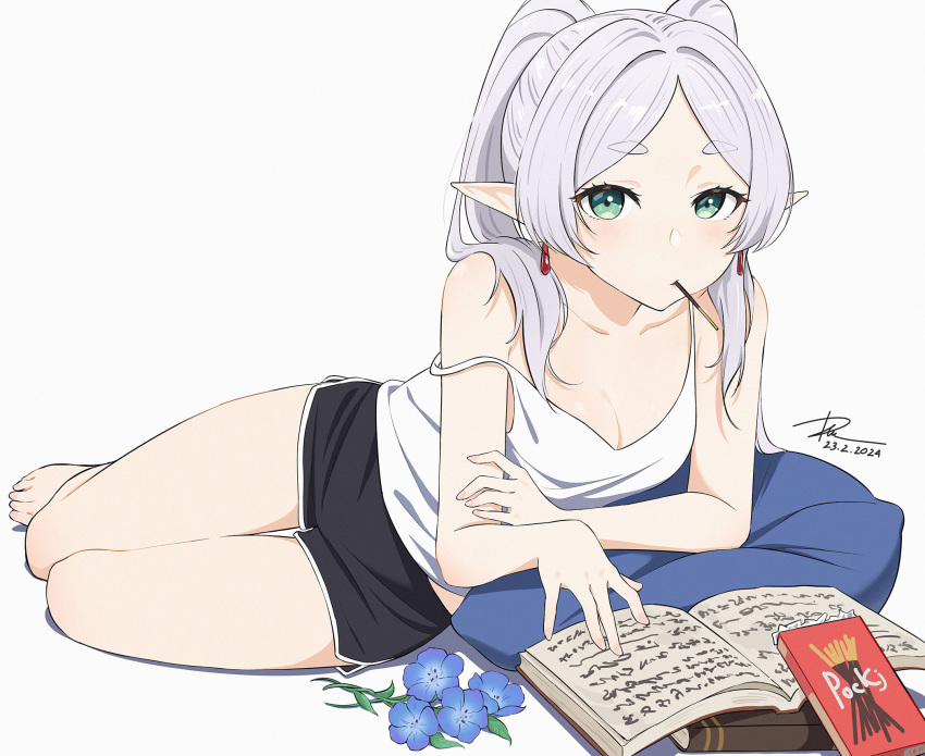 1girl bare_arms barefoot black_shorts book breasts camisole casual cleavage collarbone dai_(tdaitw) drop_earrings earrings elf flower food food_in_mouth frieren green_eyes grimoire highres jewelry looking_at_viewer lying off_shoulder on_side parted_bangs pocky pocky_in_mouth pointy_ears reading shirt short_shorts shorts signature solo sousou_no_frieren twintails white_camisole white_hair white_shirt