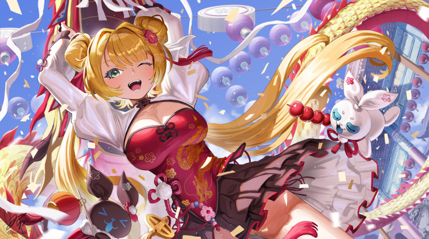 1girl absurdres blonde_hair breasts cleavage cowboy_shot day dokibird_(vtuber) dress dutch_angle green_eyes highres indie_virtual_youtuber khoaphan96 lantern large_breasts long_hair long_sleeves looking_at_viewer one_eye_closed open_mouth outdoors paper_lantern pleated_skirt red_dress skirt sky smile solo twintails very_long_hair virtual_youtuber