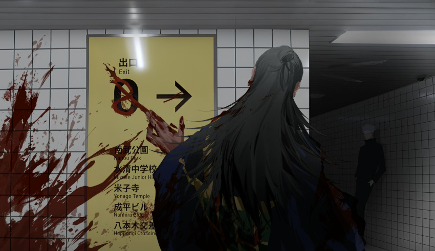 2boys against_wall black_hair black_jacket black_pants blindfold blood blood_in_hair blood_on_clothes blood_on_hands blood_splatter commentary from_behind getou_suguru gojou_satoru hair_bun hands_in_pockets highres indoors jacket jujutsu_kaisen kesa leaning leaning_back long_hair multiple_boys pants robe sign subway_station symbol-only_commentary the_exit_8 toe underground white_blindfold white_hair