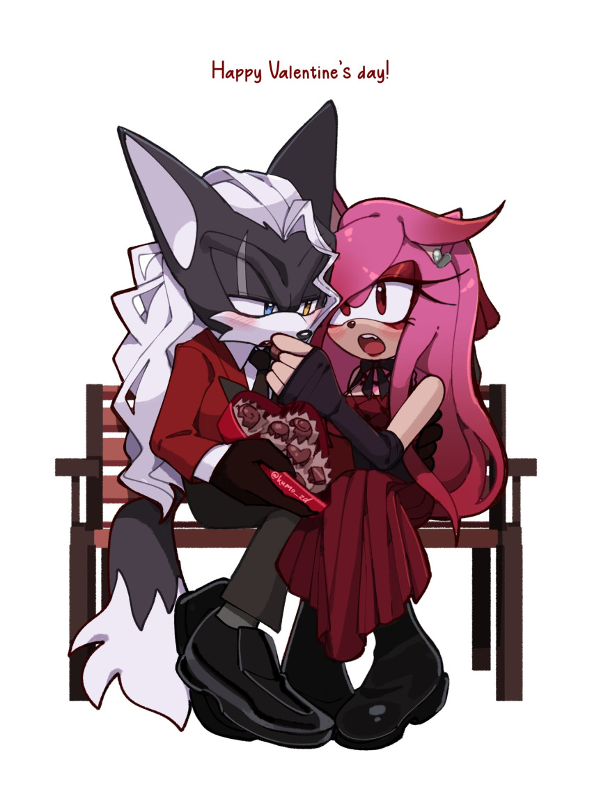 1boy 1girl alternate_costume animal_ears artistia_the_hedgehog bench black_footwear black_fur black_gloves black_necktie black_pants blue_eyes blush boots box box_of_chocolates chocolate collared_shirt dress english_text fingerless_gloves food full_body furry furry_female furry_male gloves happy_valentine heart-shaped_box heterochromia highres holding holding_chocolate holding_food infinite_(sonic) jacket kumo_zd long_hair looking_at_another necktie open_mouth original pants park_bench pink_hair red_dress red_eyes red_jacket shirt shoes simple_background sitting sleeveless sleeveless_dress sonic_(series) tail white_background white_hair white_shirt yellow_eyes