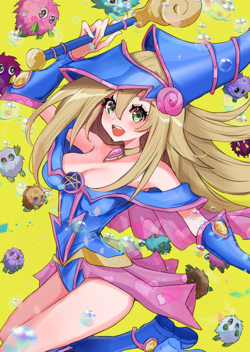 1girl bare_shoulders blonde_hair blue_footwear blue_headwear blush blush_stickers boots breasts choker cleavage dark_magician_girl duel_monster green_eyes hair_between_eyes hat highres holding holding_wand kuriboh large_breasts long_hair looking_at_viewer noppe open_mouth smile staff wand wizard_hat yu-gi-oh! yu-gi-oh!_duel_monsters