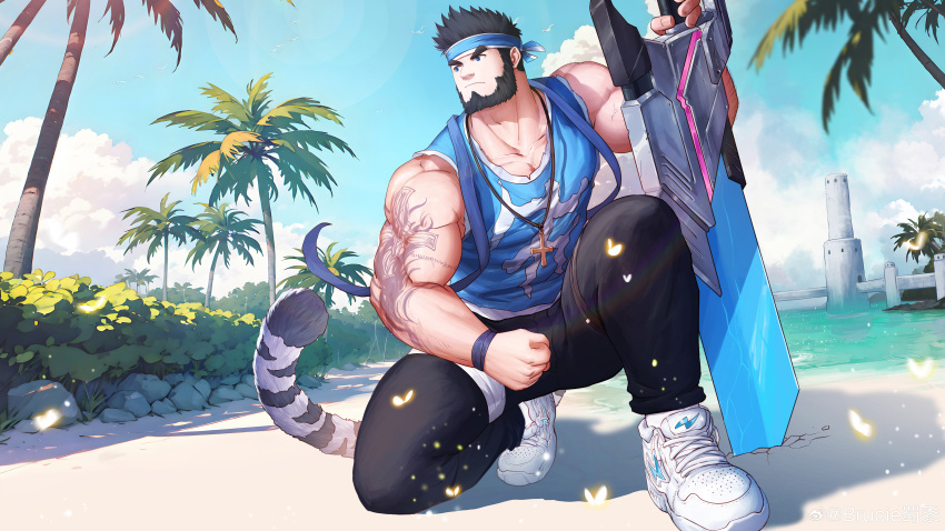 1boy absurdres ai-assisted arm_tattoo artist_request bara bare_arms beach beard black_hair blue_headband blue_shirt blue_sky brucie_(infighter821) check_artist cloud cross cross_necklace day dungeon_and_fighter facial_hair full_beard greatsword headband highres jewelry kulolin looking_to_the_side male_focus male_priest_(dungeon_and_fighter) mature_male muscular muscular_male necklace ocean outdoors palm_tree pectoral_cleavage pectorals planted planted_sword sand second-party_source shirt sky sleeveless sleeveless_shirt solo sword tail tattoo thick_eyebrows tiger_tail tree weapon