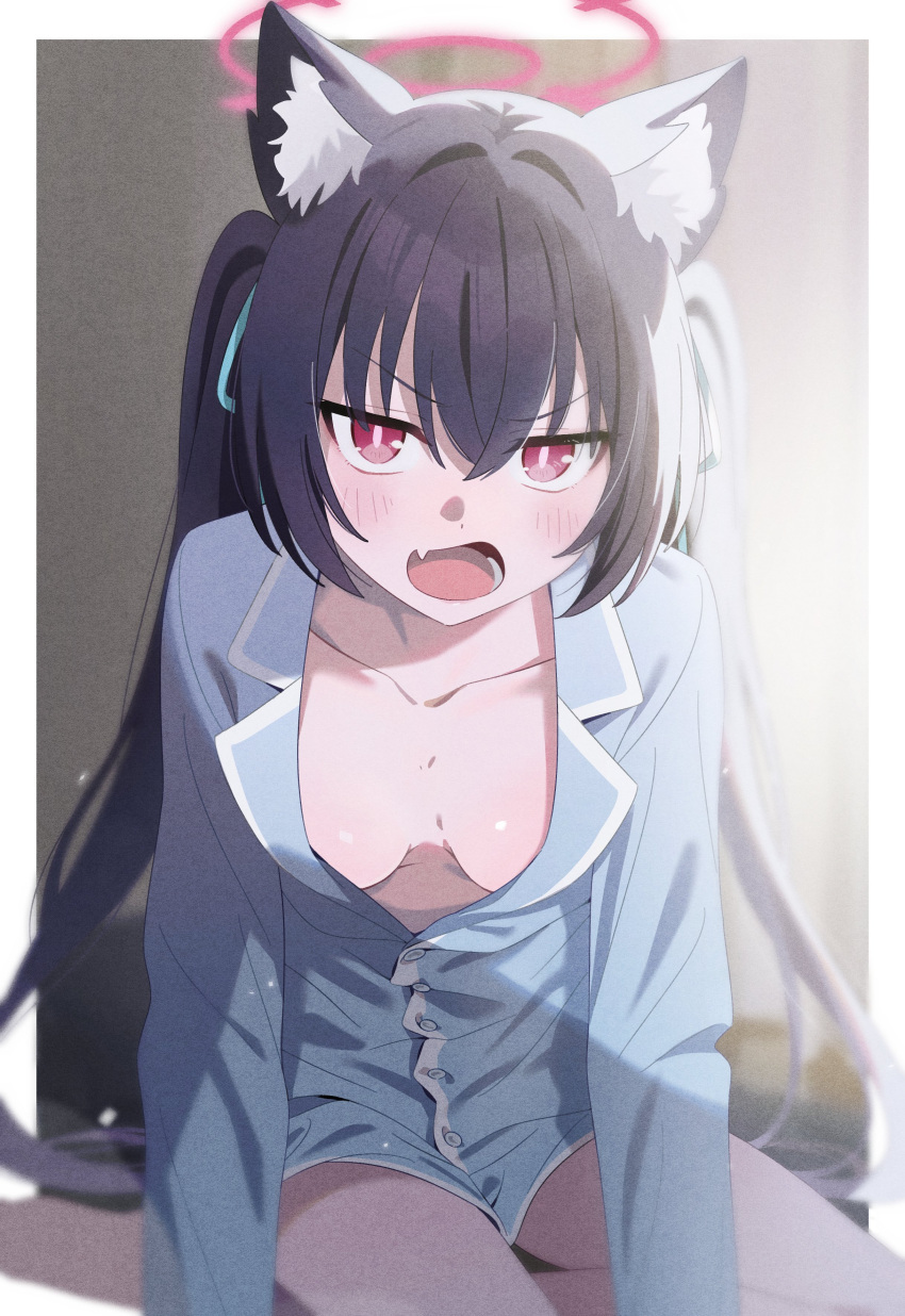 1girl absurdres alternate_costume animal_ear_fluff animal_ears arm_support black_hair blue_archive blue_pajamas blue_ribbon blurry blush border breasts breasts_apart bright_pupils cat_ears collarbone commentary depth_of_field fang feet_out_of_frame film_grain frown hair_between_eyes hair_intakes hair_ribbon halo highres homefuji indoors jitome long_hair looking_at_viewer medium_breasts no_bra open_mouth pajamas pink_halo red_eyes ribbon serika_(blue_archive) sidelighting sitting skin_fang solo straight-on twintails very_long_hair white_border yokozuwari