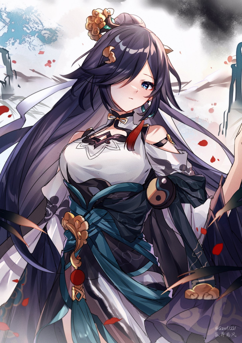 1girl aqua_cape artist_name bare_shoulders bird_hair_ornament blue_eyes blue_hair blush breasts cape china_dress chinese_clothes cleavage_cutout closed_mouth clothing_cutout commentary_request dress earrings fu_hua fu_hua_(azure_empyrea) grey_hair guzangnanfeng hair_ornament hair_over_one_eye hairpin hand_up hanfu high_ponytail highres honkai_(series) honkai_impact_3rd jewelry long_hair long_sleeves looking_at_viewer medium_breasts paintbrush paintbrush_hair_ornament pleated_sleeves ponytail shoulder_cutout single_earring solo tassel tassel_earrings twitter_username very_long_hair white_dress white_hanfu wide_sleeves