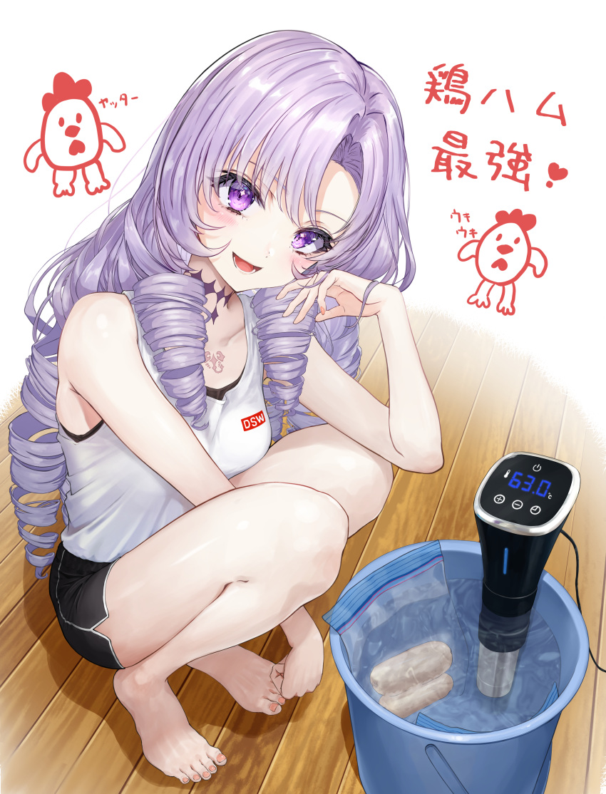 1girl absurdres aoya_ao bag barefoot black_shorts breasts bucket chest_markings collarbone digital_thermometer drill_hair highres hyakumantenbara_salome long_hair nijisanji open_mouth purple_eyes purple_hair shadow shorts solo squatting tank_top thermometer toes virtual_youtuber white_tank_top wooden_floor