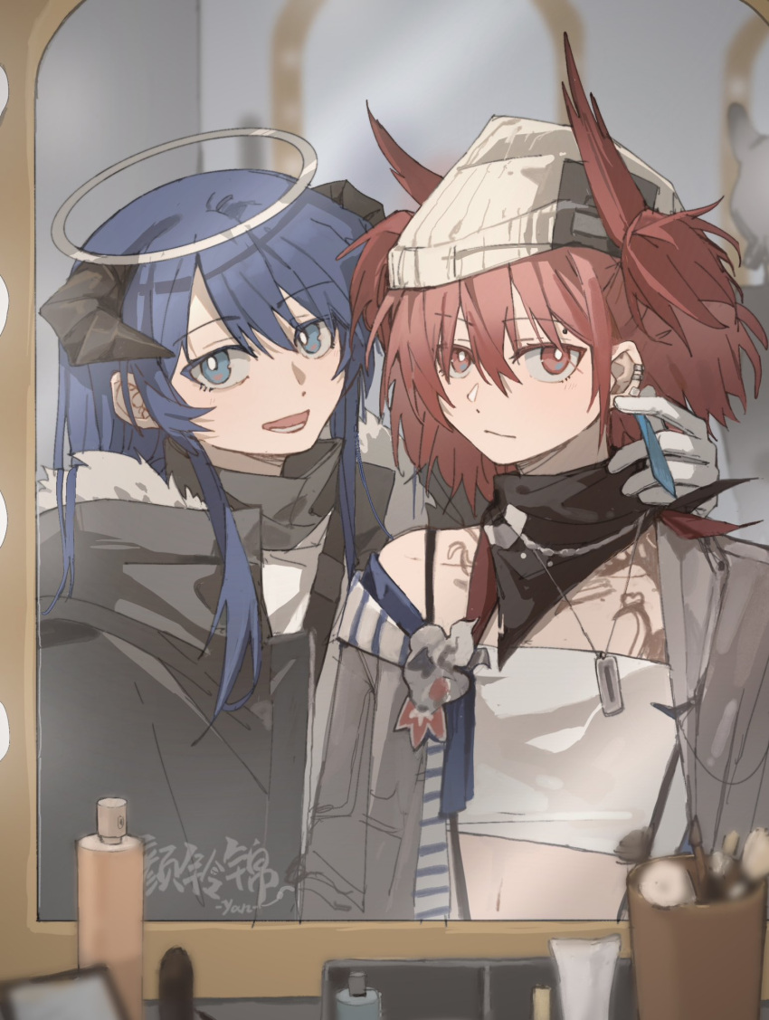 2girls arknights bandeau beanie black_coat black_scarf blue_eyes blue_hair bottle bright_pupils closed_mouth coat commentary dog_tags ear_piercing earrings feather_hair fiammetta_(arknights) grey_jacket halo hat highres horns jacket jewelry long_hair looking_at_viewer makeup_brush medium_hair mirror mostima_(arknights) multiple_girls off_shoulder open_mouth piercing red_eyes red_hair reflection scarf smile spray_bottle two_side_up white_bandeau white_headwear white_pupils yanlingjinshilihuahua yuri