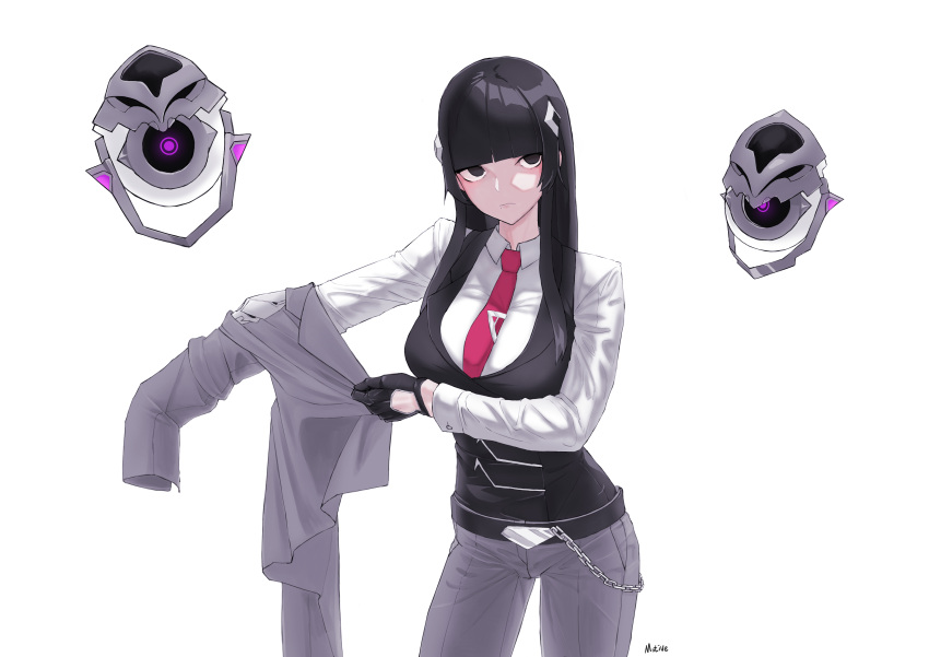 1girl absurdres arm_out_of_sleeve belt black_belt black_eyes black_hair black_vest blazer blunt_bangs chain closed_mouth drone empty_eyes expressionless grey_jacket grey_pants hair_ornament highres hime_cut holding holding_clothes holding_jacket jacket light_blush long_hair looking_to_the_side mole mole_under_mouth mtdt1052 nao_(omega_strikers) necktie omega_strikers pants putting_on_jacket red_necktie shirt sidelocks simple_background solo tie_clip vest white_background white_shirt