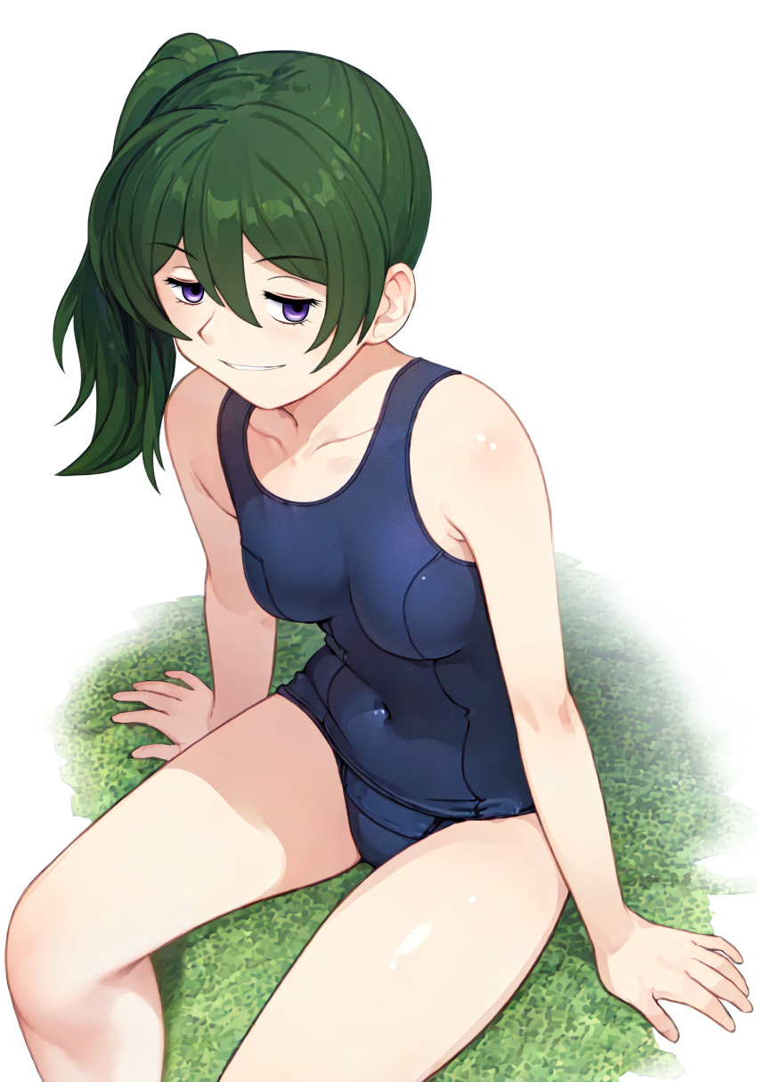 1girl blue_one-piece_swimsuit breasts commentary_request covered_navel feet_out_of_frame grass green_hair grey_eyes highres long_hair neopure old_school_swimsuit one-piece_swimsuit partial_commentary school_swimsuit side_ponytail sitting small_breasts solo sousou_no_frieren swimsuit ubel_(sousou_no_frieren)