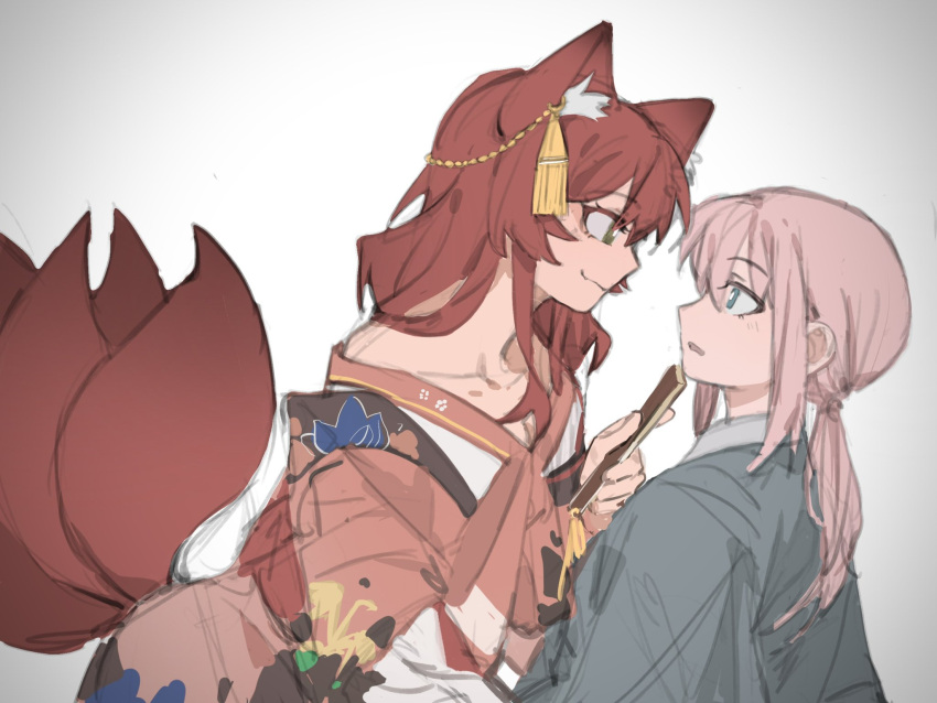 2girls animal_ear_fluff animal_ears blue_eyes bocchi_the_rock! bright_pupils chinese_commentary commentary_request eye_contact fang fox_ears fox_tail gotoh_hitori gradient_background green_eyes grey_background grey_kimono hair_ornament highres japanese_clothes kimono kita_ikuyo kitsune kyuubi long_hair looking_at_another multiple_girls multiple_tails obi off_shoulder parted_lips pink_hair pink_kimono ponytail red_hair sash smile tail tassel tassel_hair_ornament white_pupils yanlingjinshilihuahua yuri