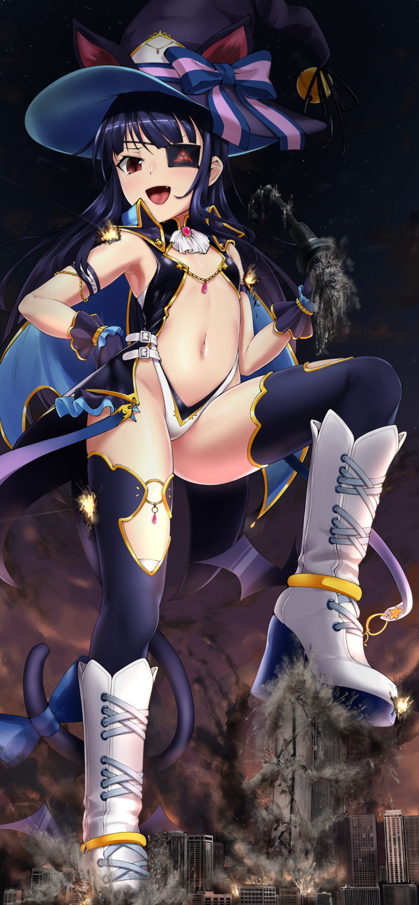 1girl absurdres animal_ears bell blue_dress blue_gloves blue_hair blue_socks boots breasts building cat_ears cloak clothing_cutout commentary_request dark_blue_hair destruction dress explosion eyepatch fire full_body giant giantess gloves grabbing hand_on_own_chest hat hat_bell highleg highres kneehighs long_hair looking_at_viewer mirai_(senran_kagura) navel night official_alternate_costume open_mouth outdoors rakia_(ds00309) red_eyes senran_kagura size_difference skyscraper small_breasts smile socks solo standing stomach_cutout stomping tokyo_skytree tongue white_footwear witch_hat