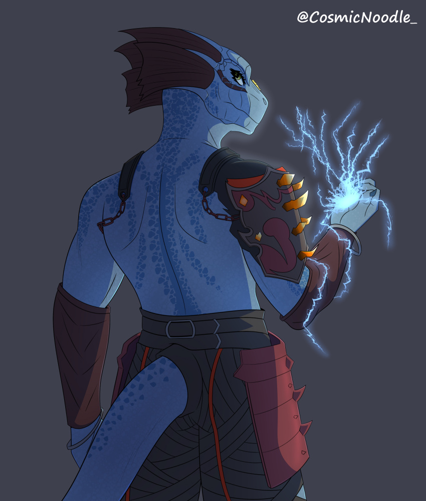 anthro argonian armor armwear bethesda_softworks blue_body bottomwear clothed clothing cosmic_noodle digital_media_(artwork) electricity electricity_manipulation elemental_manipulation fin head_fin hi_res looking_at_viewer magic magic_user male reptile scales scalie solo tail the_elder_scrolls unconvincing_armor white_sclera yellow_eyes