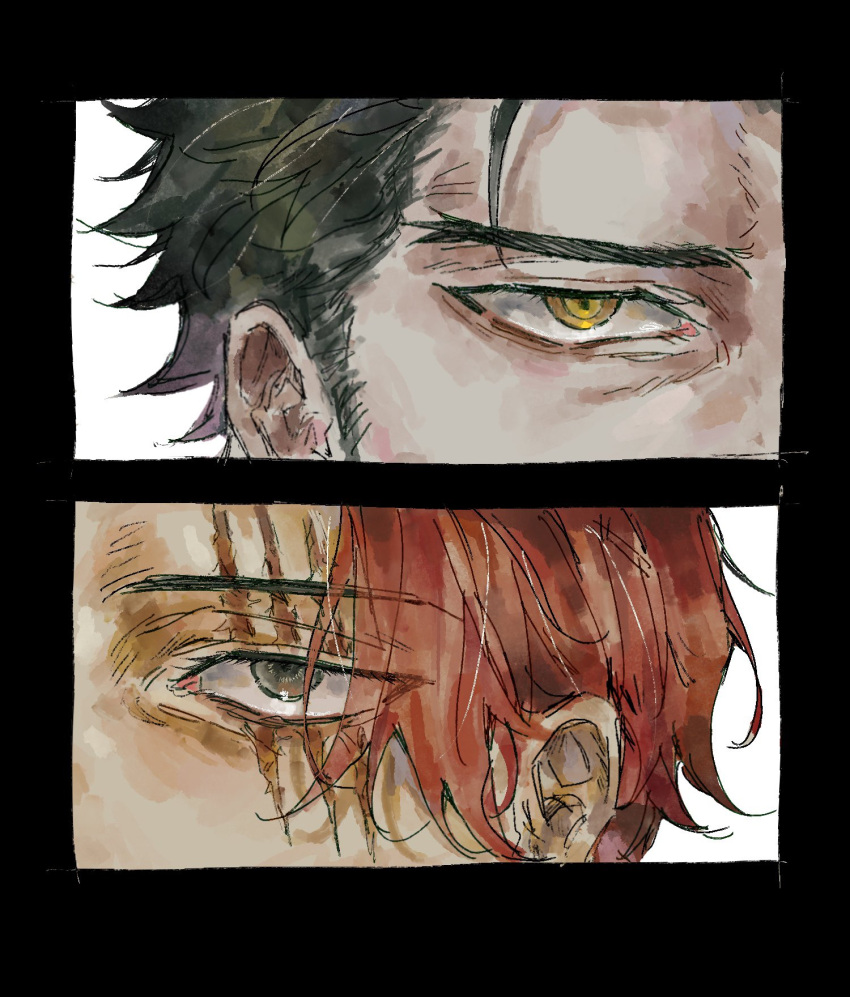 2boys @_@ black_hair dracule_mihawk hair_slicked_back highres male_focus multiple_boys one_piece red_hair scar scar_across_eye scar_on_face shanks_(one_piece) spiral-only_eyes yellow_eyes