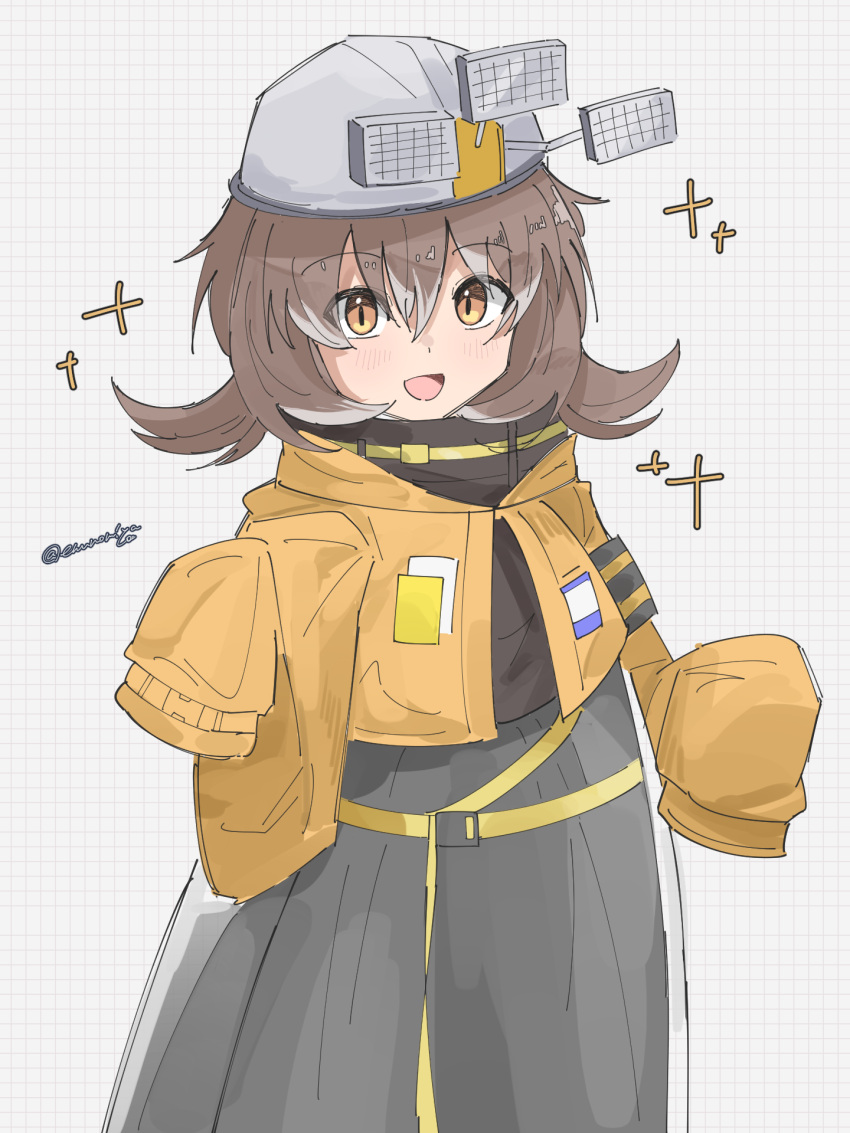 1girl :d arknights black_shirt brown_eyes brown_hair cement_(arknights) commentary_request cropped_jacket enunomiya grey_background grey_hair grey_headwear grey_skirt grid_background hair_between_eyes hand_up helmet highres jacket long_sleeves looking_at_viewer multicolored_hair shirt skirt sleeves_past_fingers sleeves_past_wrists smile solo streaked_hair yellow_jacket