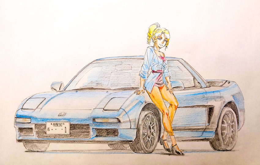 1girl blonde_hair blue_car blue_jacket breasts car character_request cleavage closed_mouth commentary copyright_request cwind eyelashes full_body hand_on_own_thigh high_heels honda honda_nsx jacket leaning_on_object license_plate long_sleeves looking_at_viewer medium_breasts motor_vehicle orange_pants pants pink_shirt ponytail shadow shirt sidelocks simple_background solo sports_car traditional_media vehicle_focus white_background