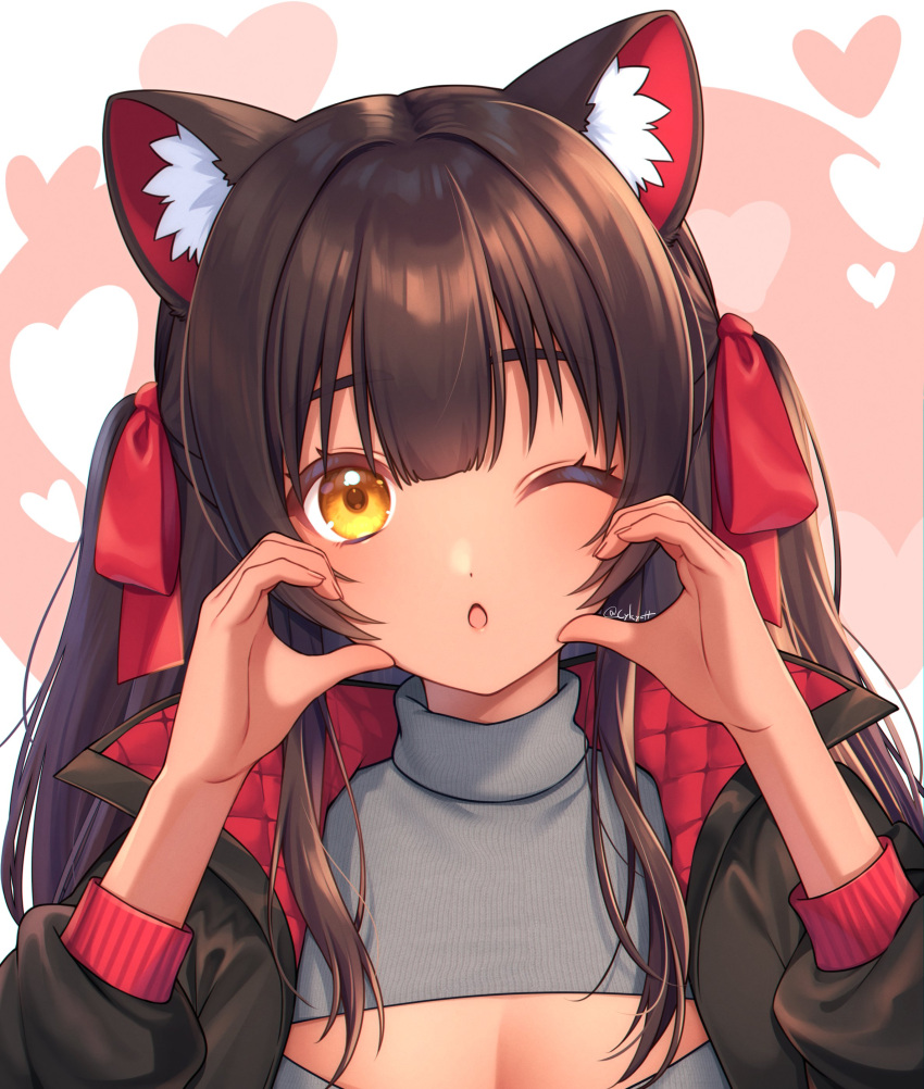 1girl :o absurdres animal_ear_fluff animal_ears black_hair black_jacket breasts cat_ears dark-skinned_female dark_skin grey_sweater hair_between_eyes hair_ornament hair_ribbon highres indie_virtual_youtuber jacket long_sleeves looking_at_viewer medium_breasts one_eye_closed open_mouth red_ribbon ribbon sakura_chiyo_(konachi000) sakuraba_chiyo sweater very_dark_skin virtual_youtuber yellow_eyes