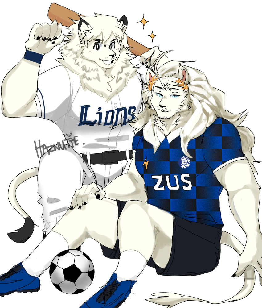 2024 absurd_res anthro barazoku biceps biped black_bottomwear black_clothing black_ear_tips black_eyes black_shorts blue_clothing blue_eyes blue_footwear blue_shirt blue_shoes blue_topwear bottomwear character_request clothing dipstick_ears duo felid football_uniform footwear fur haznutte hi_res leo_(saitama_seibu_lions) lion male mammal mascot multicolored_ears muscular muscular_anthro muscular_male nippon_professional_baseball pantherine pink_inner_ear saitama_seibu_lions shirt shoes shorts topwear white_body white_clothing white_fur white_shirt white_topwear