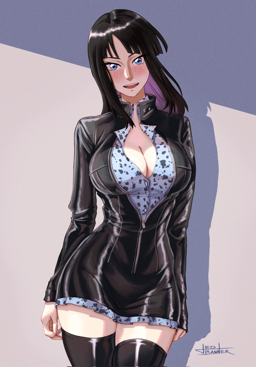 1girl artist_name black_dress black_footwear black_hair blue_eyes blunt_bangs blush boots breasts commentary cowboy_shot dress english_commentary highres jedbanner leather_dress long_sleeves looking_at_viewer medium_hair nico_robin one_piece short_dress solo thigh_boots zipper