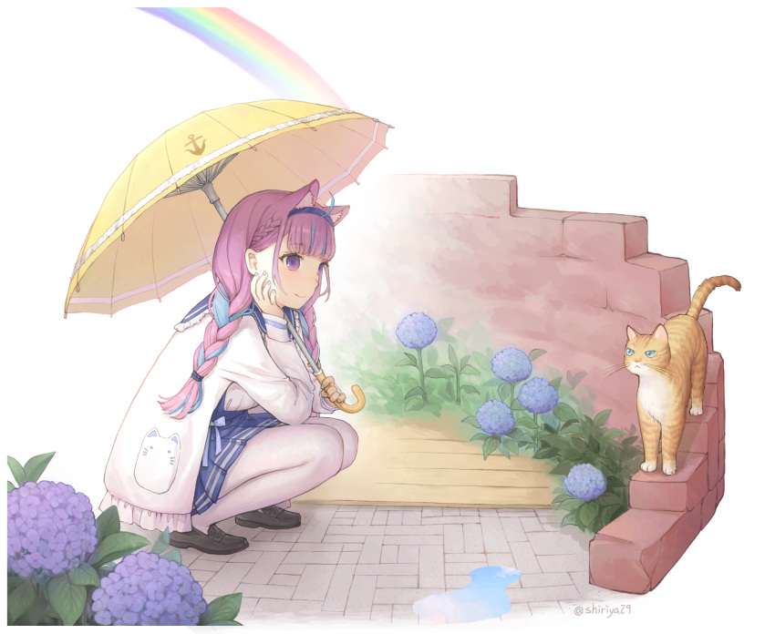 1girl ahoge anchor_print animal_ear_fluff animal_ears black_footwear blue_eyes blue_hair blue_hairband blue_skirt blunt_bangs braid cat cat_ears chinese_commentary closed_mouth flower full_body hairband hand_on_own_cheek hand_on_own_face highres holding holding_umbrella hololive hydrangea jacket loafers long_hair long_sleeves minato_aqua miya8111 multicolored_hair pantyhose pink_hair plant purple_eyes rainbow shoes side_braid simple_background skirt smile solo squatting stone_floor twin_braids twitter_username two-tone_hair umbrella virtual_youtuber white_background white_jacket white_pantyhose wooden_floor yellow_umbrella