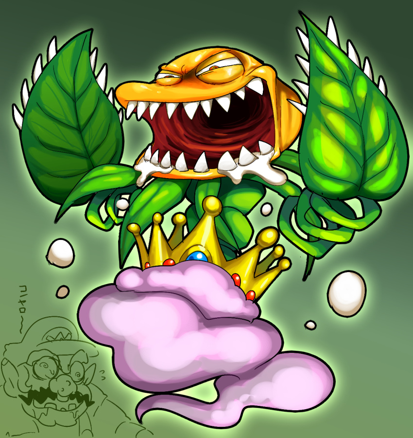 1boy cractus crown drooling facial_hair fangs ghost_tail hat highres hoshi_(star-name2000) monster mustache open_mouth plant_monster saliva wario wario_land wario_land_4 yellow_eyes